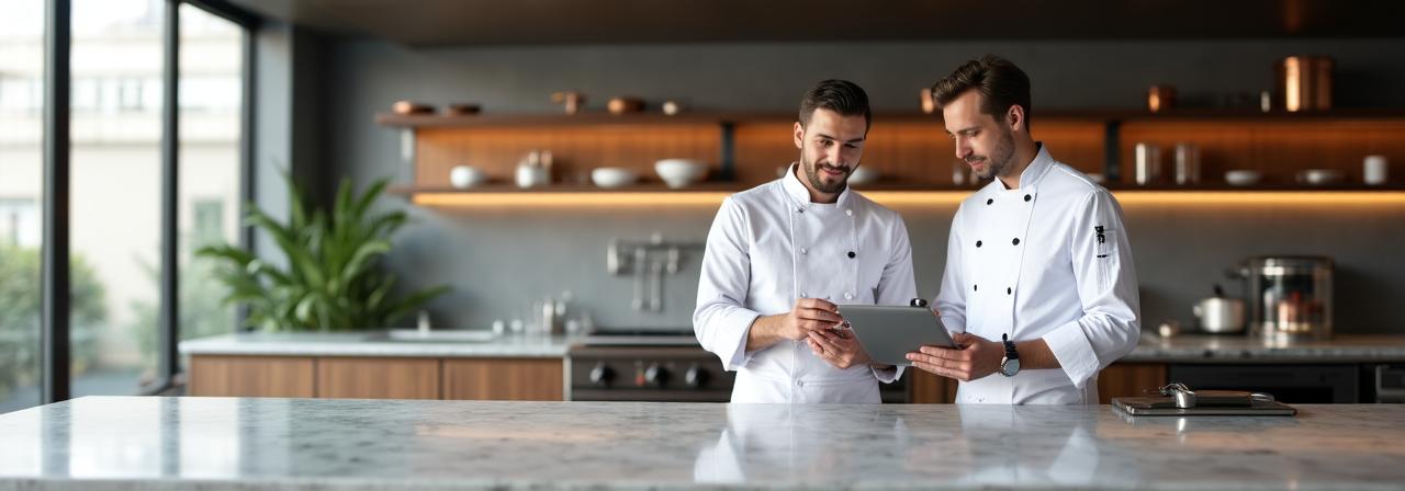 都会的で洗練されたキッチンでの打ち合わせシーン